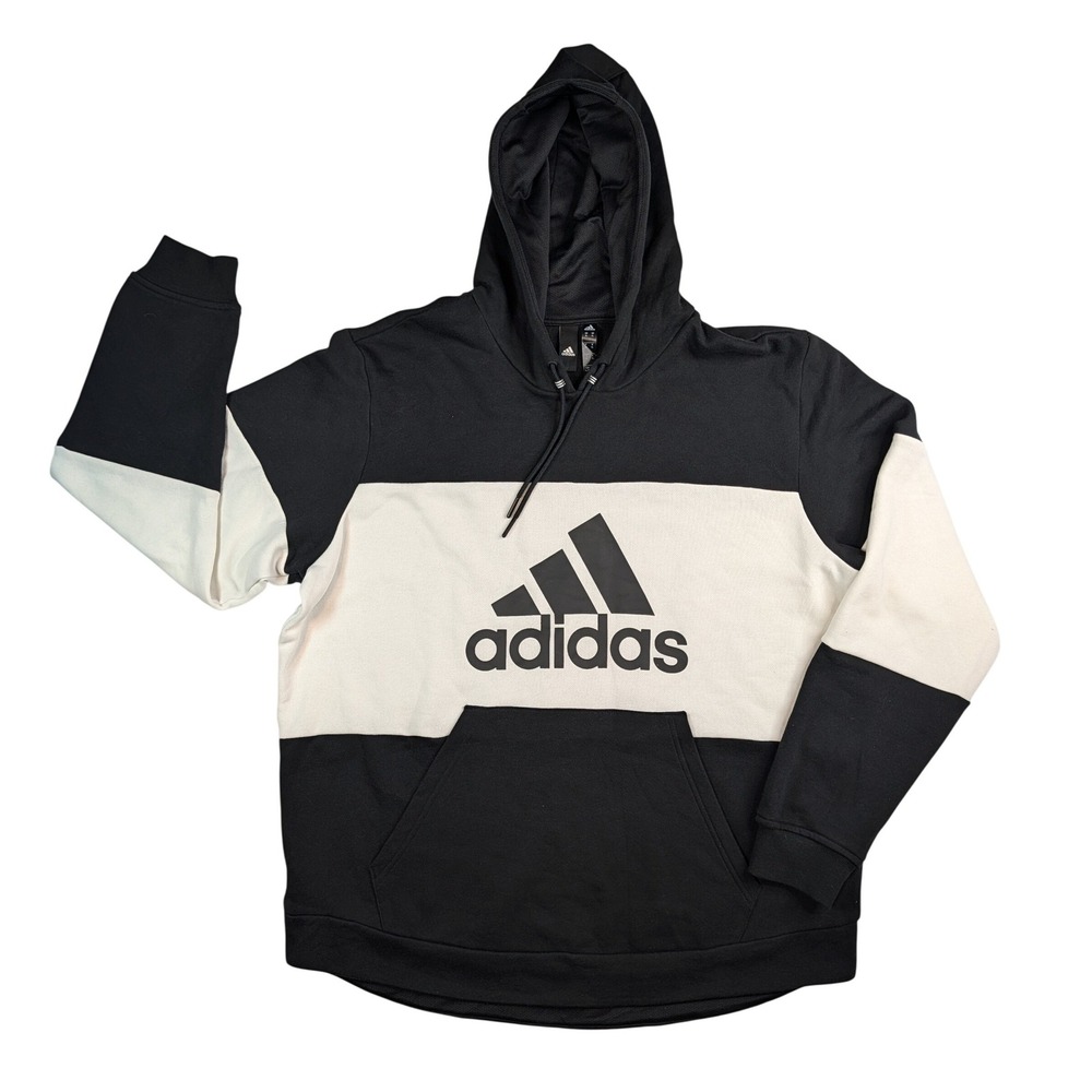 Adidas Mens‎ Colorblock Pullover Hoodie Black White Logo Fleece XL FN6373